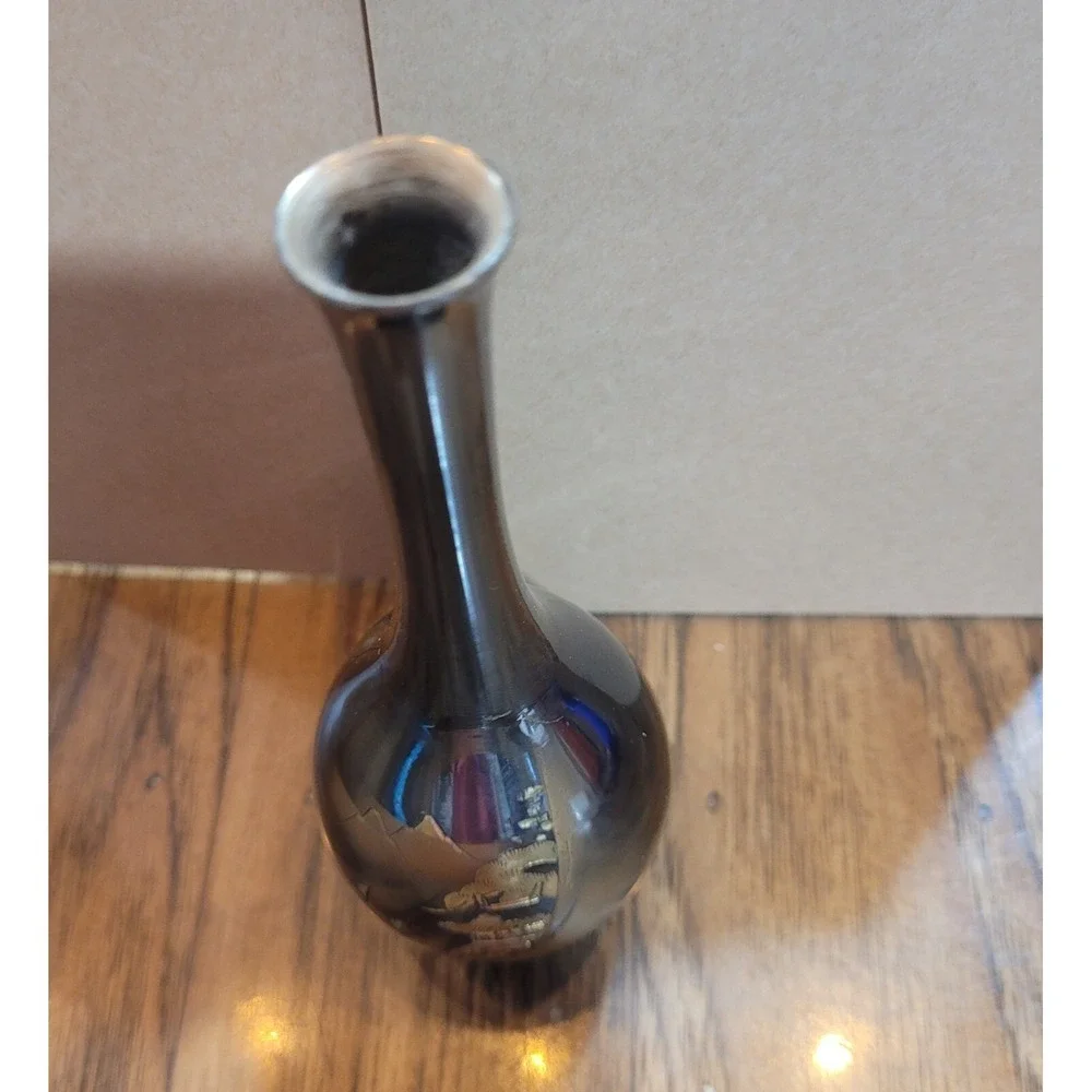Vintage Metal Bud Vase with Mountain Design Etetched Fine Arts Japan